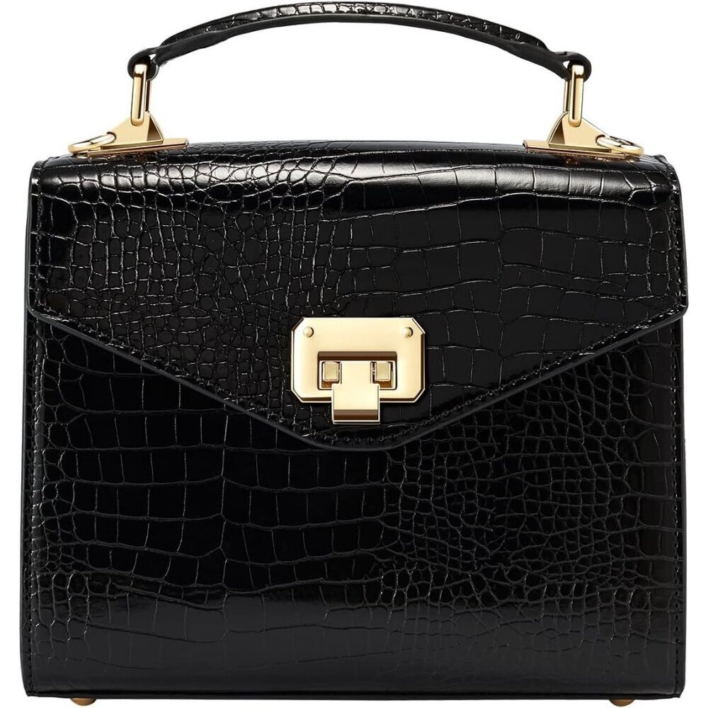🆕Women's Dark Black Top Handle Handbag Satchel Purses Square Crossbody Bags